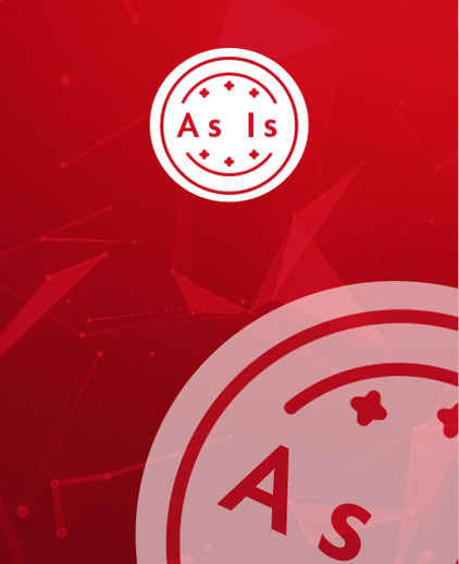 red background image with as is condition logo