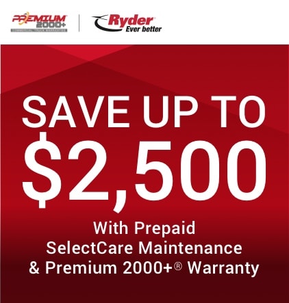 red backgound image with save up to $2,500 with prepaid selectcare maintenace & premium 2000+ warranty white text