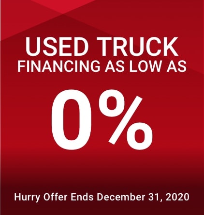 red background image with used truck financing as low as 0 percent white text