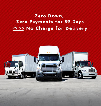 white commercial trucks lineup with zero down, zero payments for 59 days plus no charge for delivery text above