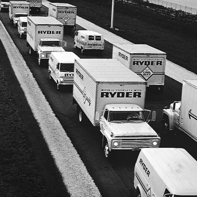 Ryder Rental trucks driving on the road