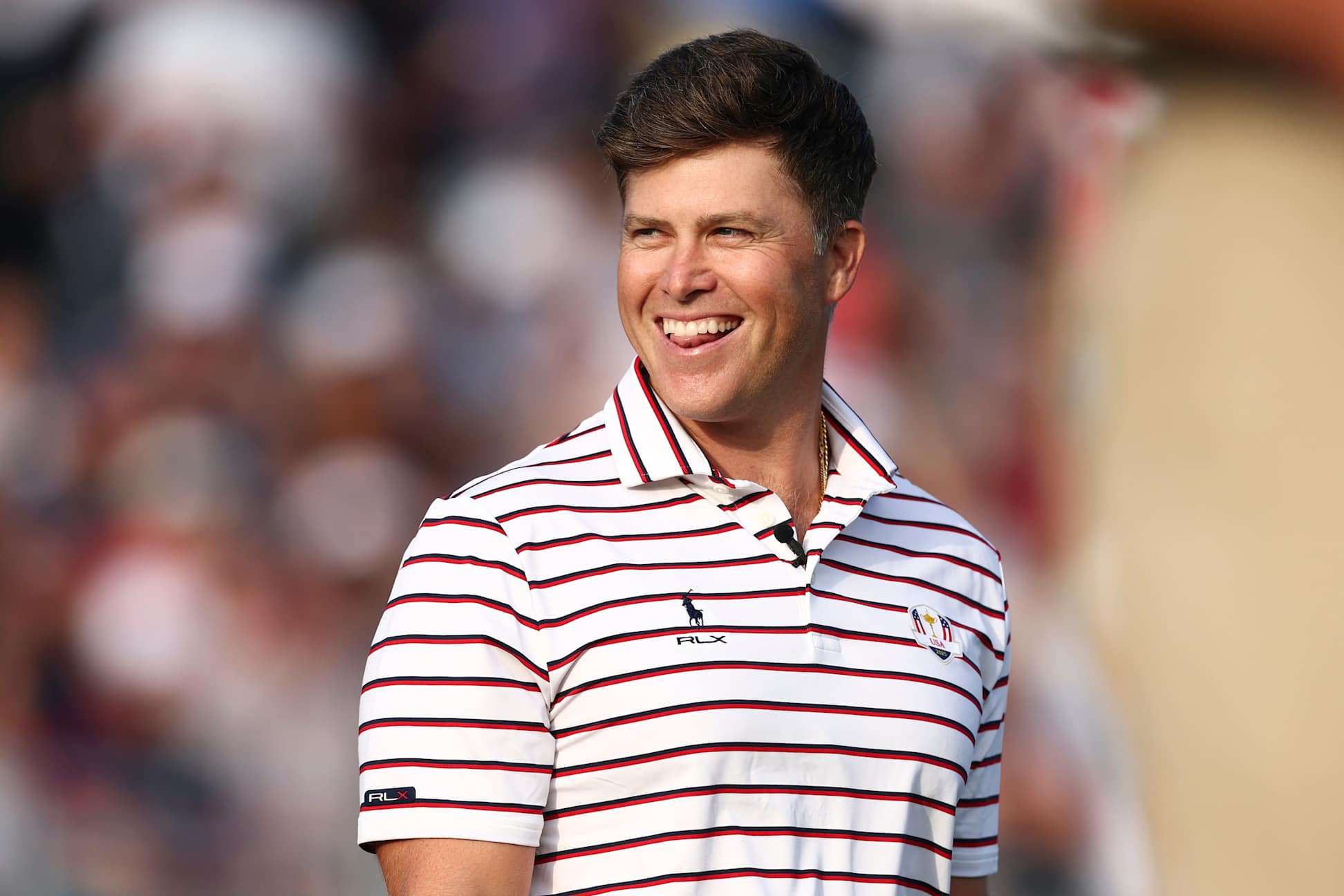 FARMINGDALE, NY - SEPTEMBER 24: Colin Jost reacts on the first hole on the Black Course during the 2025 Ryder Cup at Bethpage State Park on Wednesday, September 24, 2025 in Farmingdale, New York. (Photo by Maddie Meyer/PGA of America)