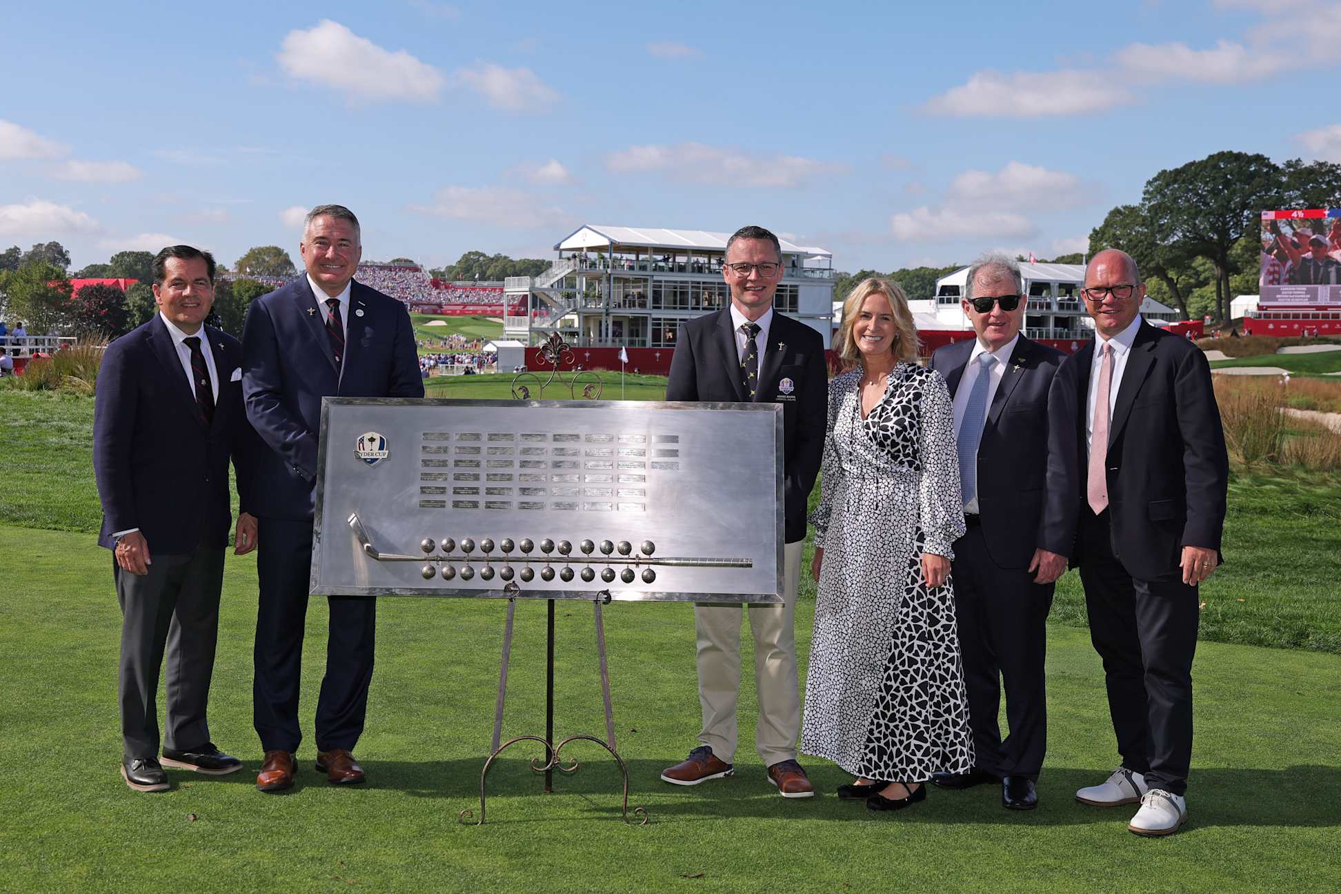 FARMINGDALE, NEW YORK - SEPTEMBER 28: Ceremonial Putter Handover ahead of the Sunday singles matches of the 2025 Ryder Cup at Black Course at Bethpage State Park Golf Course on September 28, 2025 in Farmingdale, New York. (Photo by Andrew Redington/Getty Images)