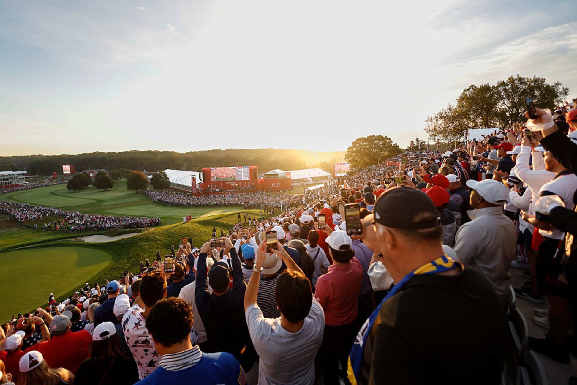 FARMINGDALE, NEW YORK - SEPTEMBER 27: Fans cheer in the grandstand on the first hole during the Saturday morning foursomes matches of the 2025 Ryder Cup at Black Course at Bethpage State Park Golf Course on September 27, 2025 in Farmingdale, New York. (Photo by Jaime Lawson/Getty Images)