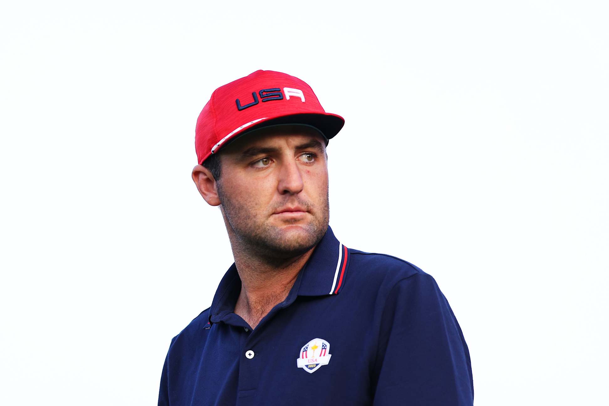 ROME, ITALY - OCTOBER 01: Scottie Scheffler of Team United States reacts on the first hole following the Sunday singles matches of the 2023 Ryder Cup at Marco Simone Golf Club on October 01, 2023 in Rome, Italy. (Photo by Richard Heathcote/Getty Images)