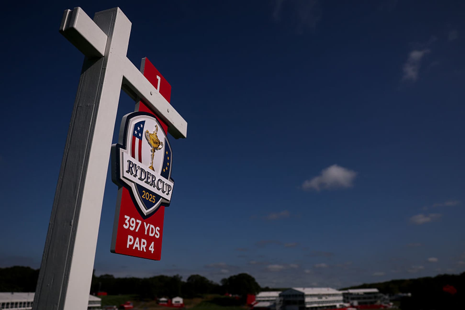 FARMINGDALE, NEW YORK - SEPTEMBER 22: A detailed view of first tee signage during a practice round prior to the Ryder Cup 2025 at Black Course at Bethpage State Park Golf Course on September 22, 2025 in Farmingdale, New York. (Photo by Carl Recine/Getty Images)
