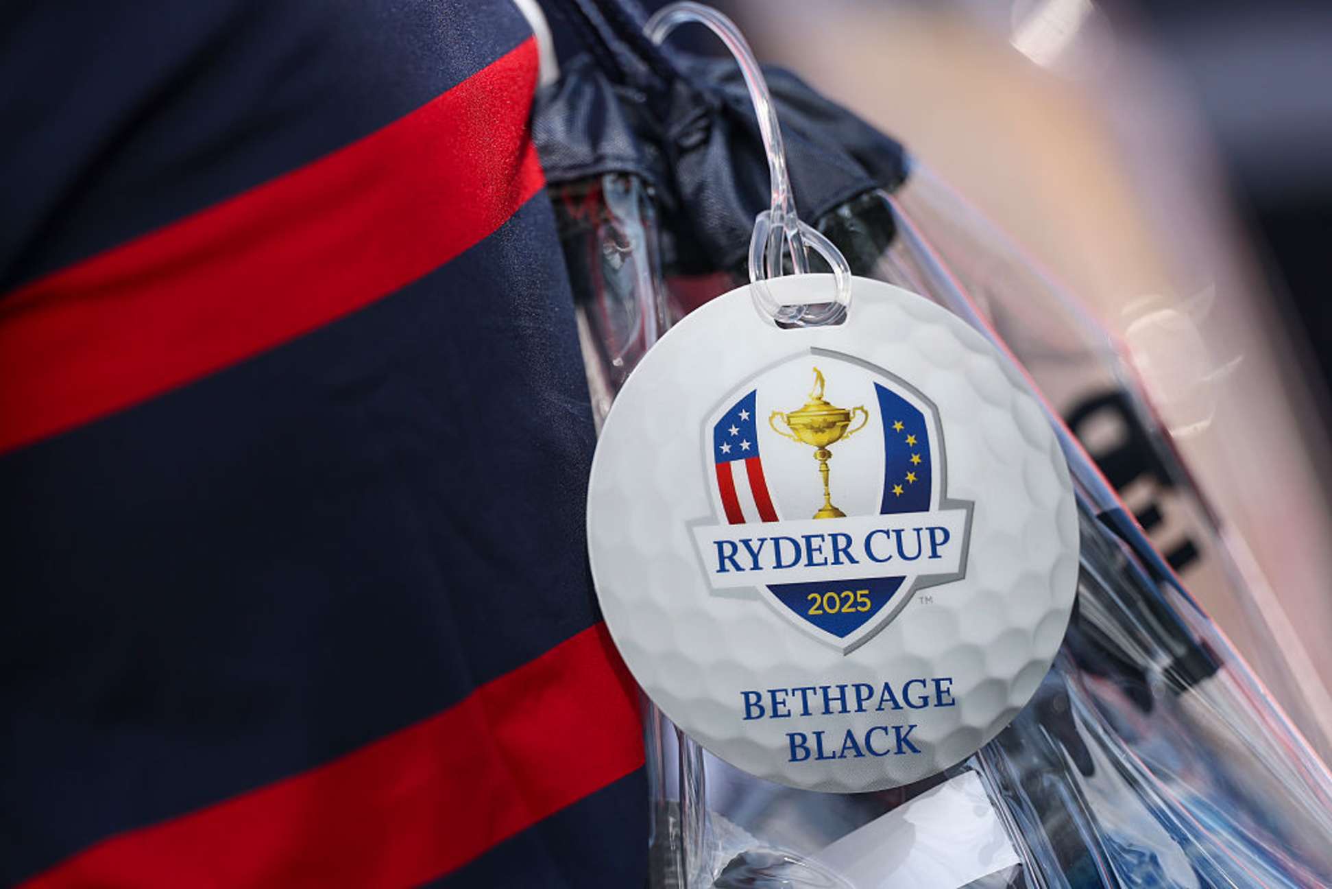FARMINGDALE, NEW YORK - SEPTEMBER 22: A detailed view of a bag tag during a practice round prior to the Ryder Cup 2025 at Black Course at Bethpage State Park Golf Course on September 22, 2025 in Farmingdale, New York. (Photo by Carl Recine/Getty Images)