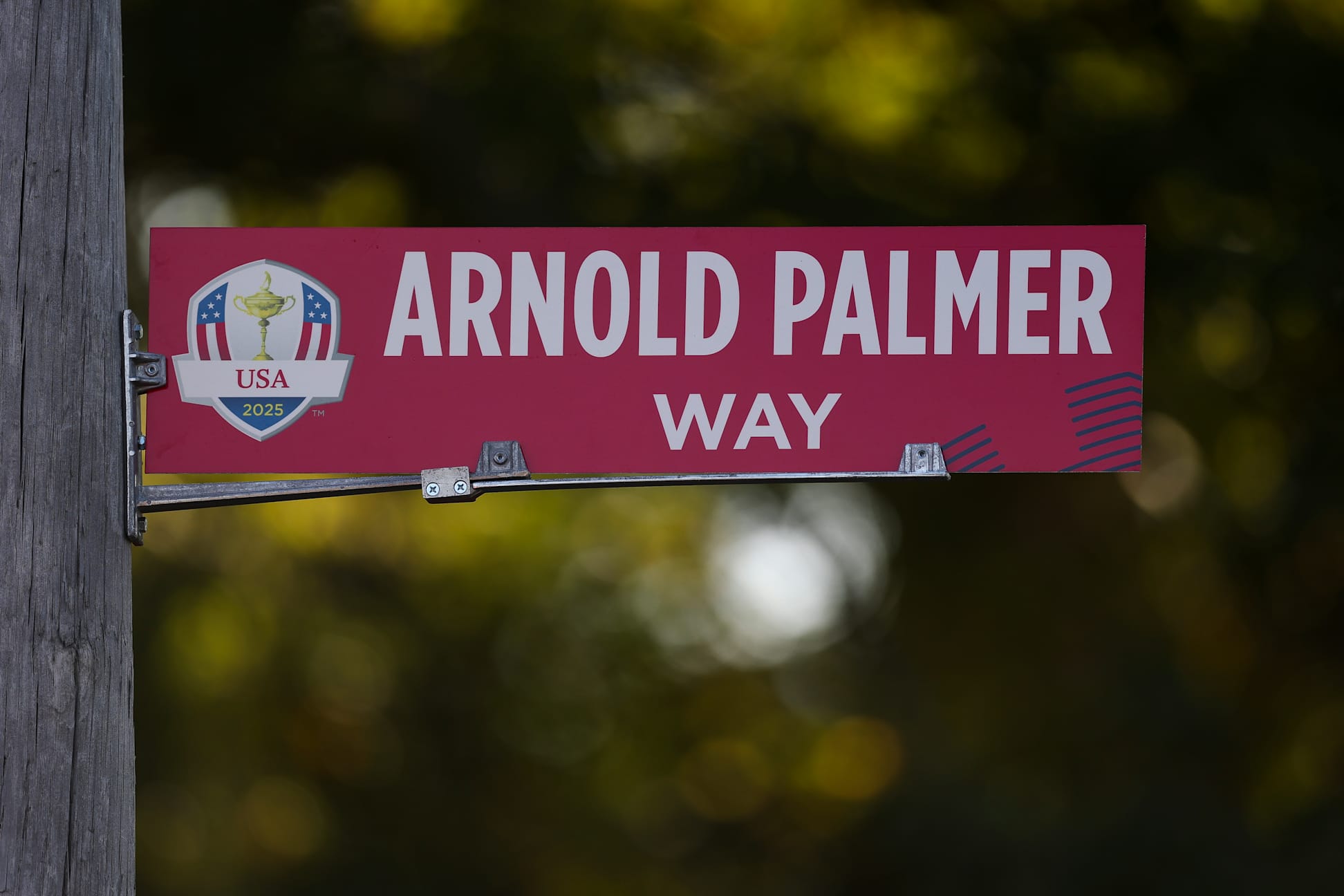 FARMINGDALE, NEW YORK - SEPTEMBER 22: A detailed view of Arnold Palmer Way signage during a practice round prior to the Ryder Cup 2025 at Black Course at Bethpage State Park Golf Course on September 22, 2025 in Farmingdale, New York. (Photo by Carl Recine/Getty Images)