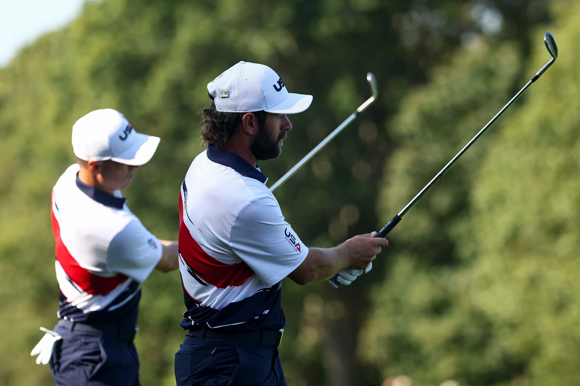 FARMINGDALE, NEW YORK - SEPTEMBER 22: Cameron Young of Team United States chips on the fourth hole during a practice round prior to the Ryder Cup 2025 at Black Course at Bethpage State Park Golf Course on September 22, 2025 in Farmingdale, New York. (Photo by Jared C. Tilton/Getty Images)