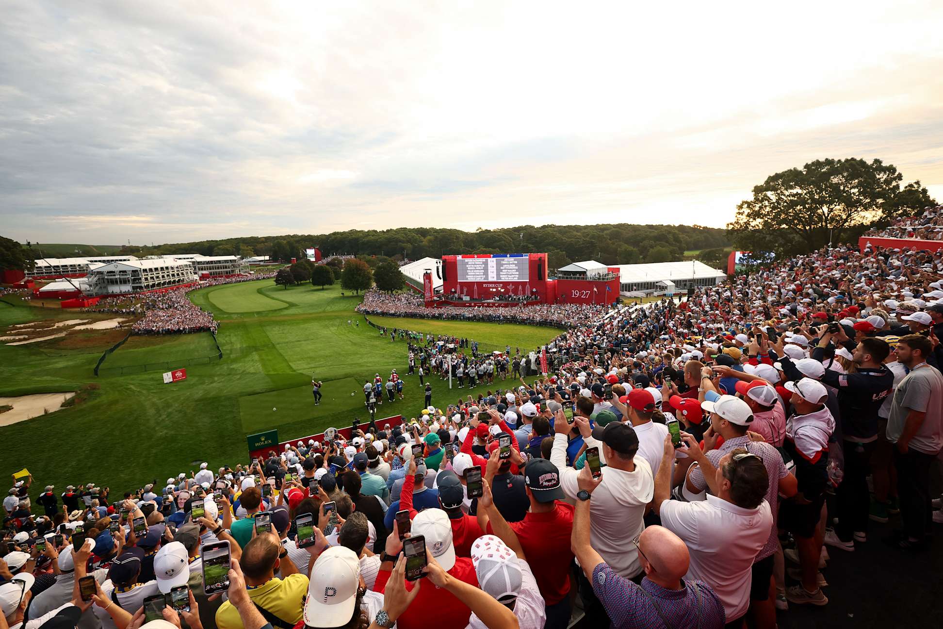 FARMINGDALE, NEW YORK - SEPTEMBER 26: A general view 
as Bryson DeChambeau of Team United States tees off on the first hole during the Friday morning foursomes matches of the 2025 Ryder Cup at Black Course at Bethpage State Park Golf Course on September 26, 2025 in Farmingdale, New York. (Photo by Jared C. Tilton/Getty Images)