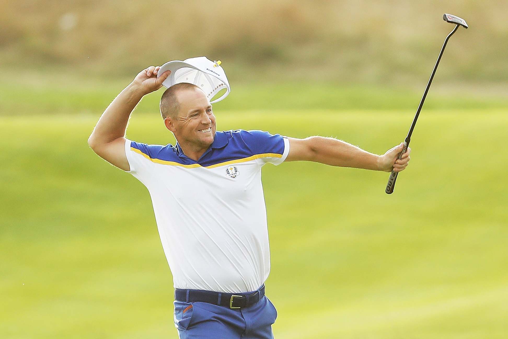 PARIS, FRANCE - SEPTEMBER 30:  Alex Noren of Europe celebrates winning his match on the 18th green as Europe win The Ryder Cup during singles matches of the 2018 Ryder Cup at Le Golf National on September 30, 2018 in Paris, France.  (Photo by Mike Ehrmann/Getty Images)