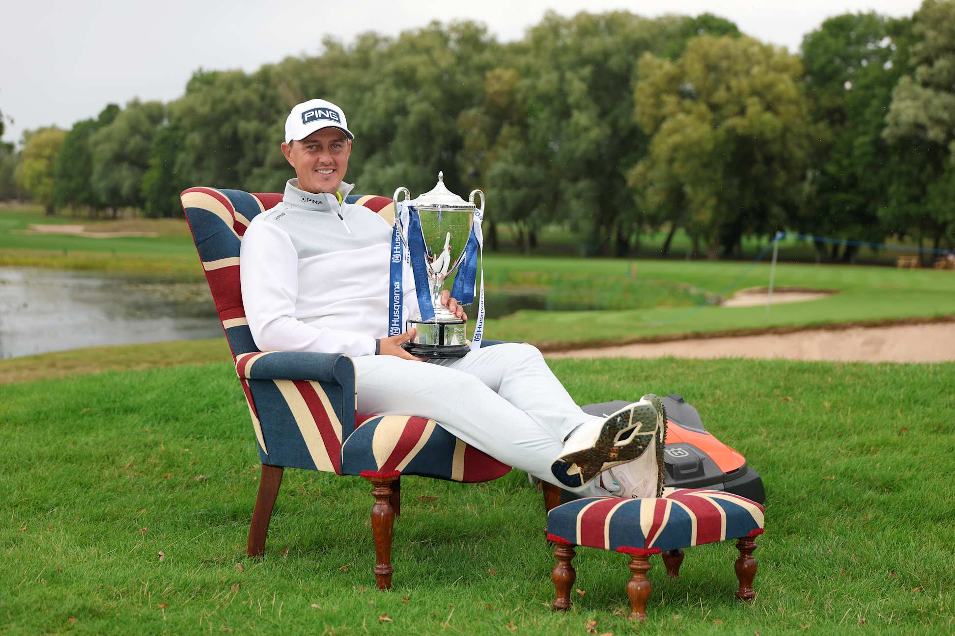 SUTTON COLDFIELD, ENGLAND - AUGUST 30: Joe Dean of England poses with the Husqvarna British Masters trophy, following victory on day four of the Husqvarna British Masters hosted by Sir Nick Faldo 2026 at The Belfry on August 30, 2026 in Sutton Coldfield, England. (Photo by Luke Walker/Getty Images)