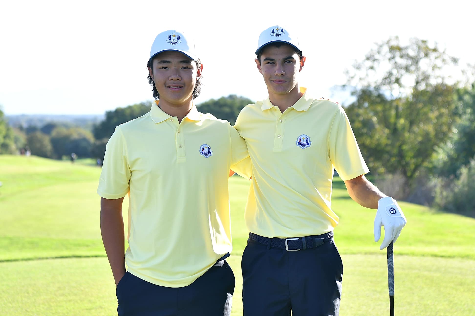VITERBO, ITALY - SEPTEMBER 26:  Kris Kim and Lev Grinberg of team Europe pose before the start of the foursomes during Day One of the 2023 Junior Ryder Cup at Golf Nazionale on September 26, 2023 in Viterbo, Italy.  (Photo by Valerio Pennicino/Getty Images)