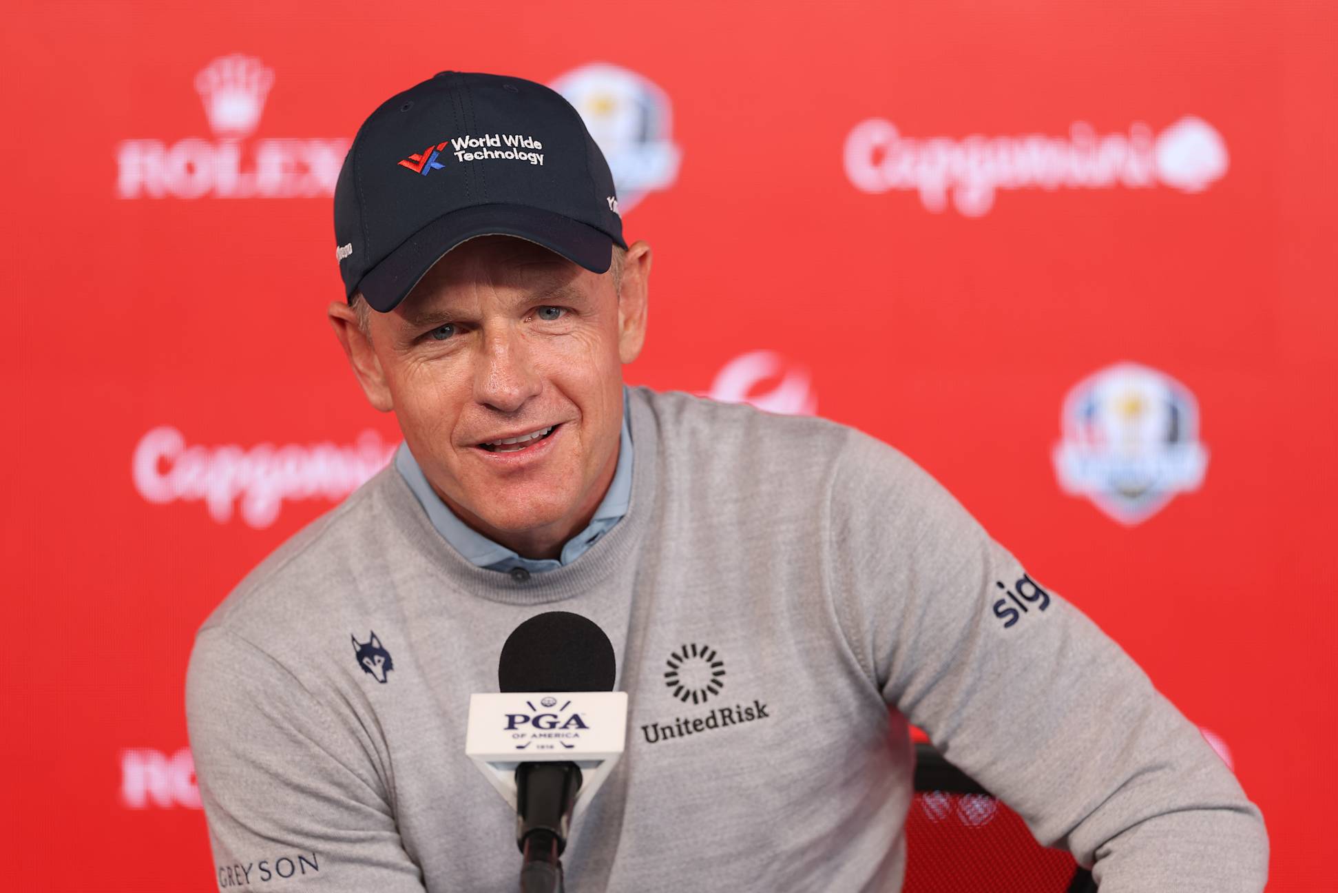 NEWTOWN, PENNSYLVANIA - MAY 13: Luke Donald of England speaks to the media during a press conference prior to the PGA Championship at Aronimink Golf Club on May 13, 2026 in Newtown, Pennsylvania. (Photo by Richard Heathcote/Getty Images)