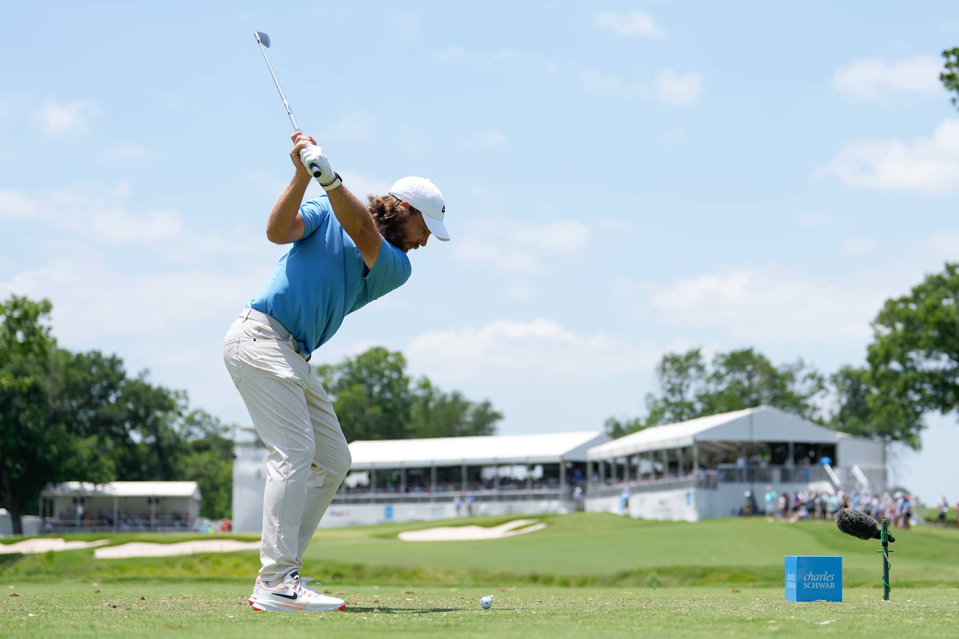 FORT WORTH, TEXAS - MAY 25: Tommy Fleetwood of England hits a tee shot on the eighth hole during the final round of the Charles Schwab Challenge 2025 at Colonial Country Club on May 25, 2025 in Fort Worth, Texas. (Photo by Raj Mehta/Getty Images)