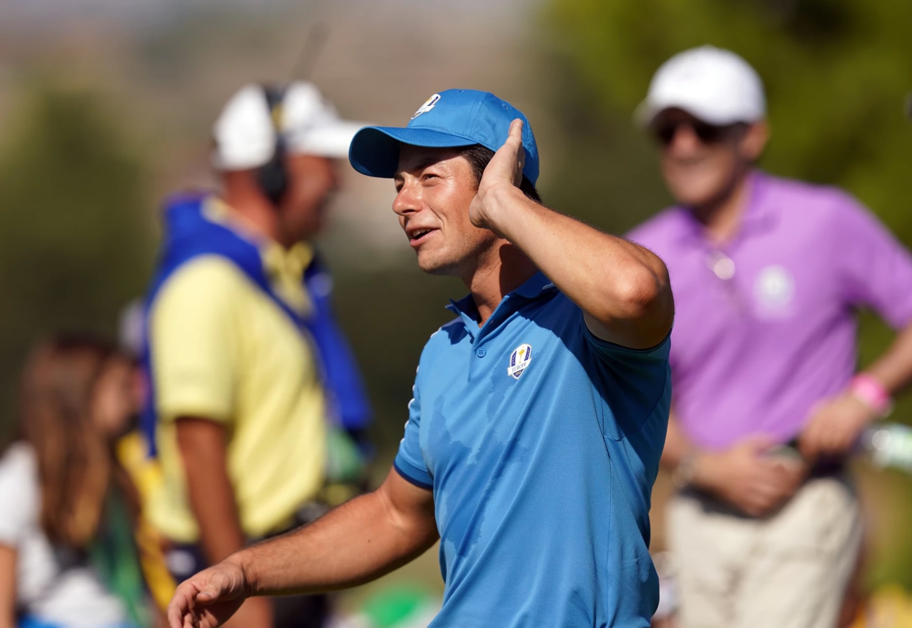 Team Europe's Viktor Hovland celebrates winning his foursomes match on day one of the 44th Ryder Cup at the Marco Simone Golf and Country Club, Rome, Italy, ahead of the 2023 Ryder Cup. Picture date: Friday September 29, 2023. (Photo by David Davies/PA Images via Getty Images)