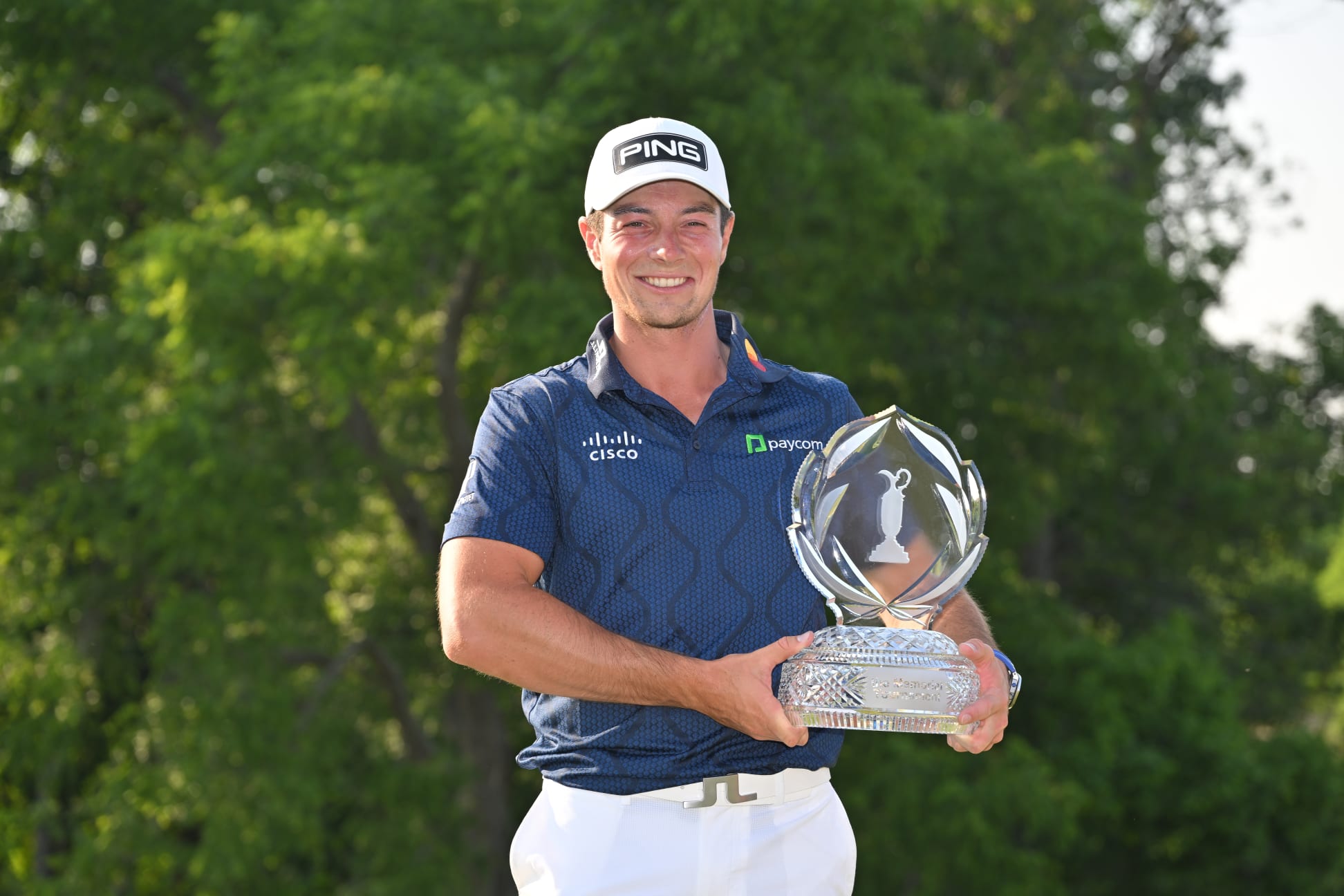 DUBLIN, OHIO - JUNE 04: Viktor Hovland of Norway holds the trophy on the 18th green after the final round of the the Memorial Tournament presented by Workday at Muirfield Village Golf Club on June 4, 2023 in Dublin, Ohio. (Photo by Ben Jared/PGA TOUR via Getty Images)