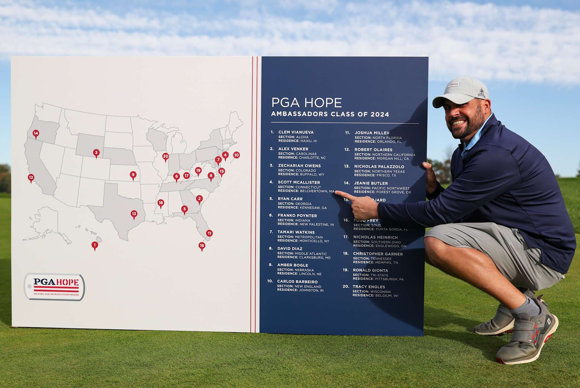 BETHESDA, MD - OCTOBER 14: PGA HOPE Ambassador of Connecticut Scott McAllister poses and points to his section on the Ambassadors map during the PGA National Day of HOPE Golf Outing for the PGA HOPE National Golf & Wellness Week at Congressional Country Club on Monday, October 14, 2024 in Bethesda, Maryland. (Photo by Scott Taetsch/PGA of America)