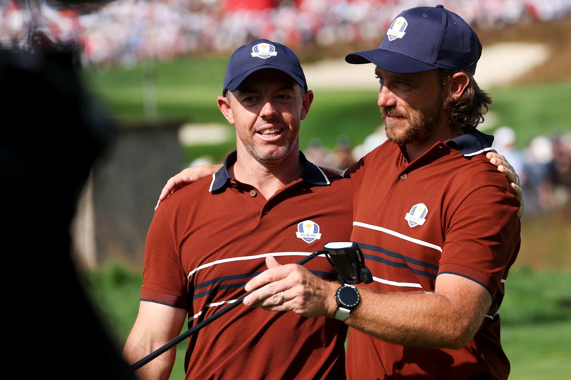 FARMINGDALE, NEW YORK - SEPTEMBER 27: (L-R) Rory McIlroy and Tommy Fleetwood of Team Europe react on the 16th hole after defeating Harris English and Collin Morikawa (not pictured) of Team United States 3&2 during the Saturday morning foursomes matches of the 2025 Ryder Cup at Black Course at Bethpage State Park Golf Course on September 27, 2025 in Farmingdale, New York. (Photo by Jamie Squire/Getty Images)