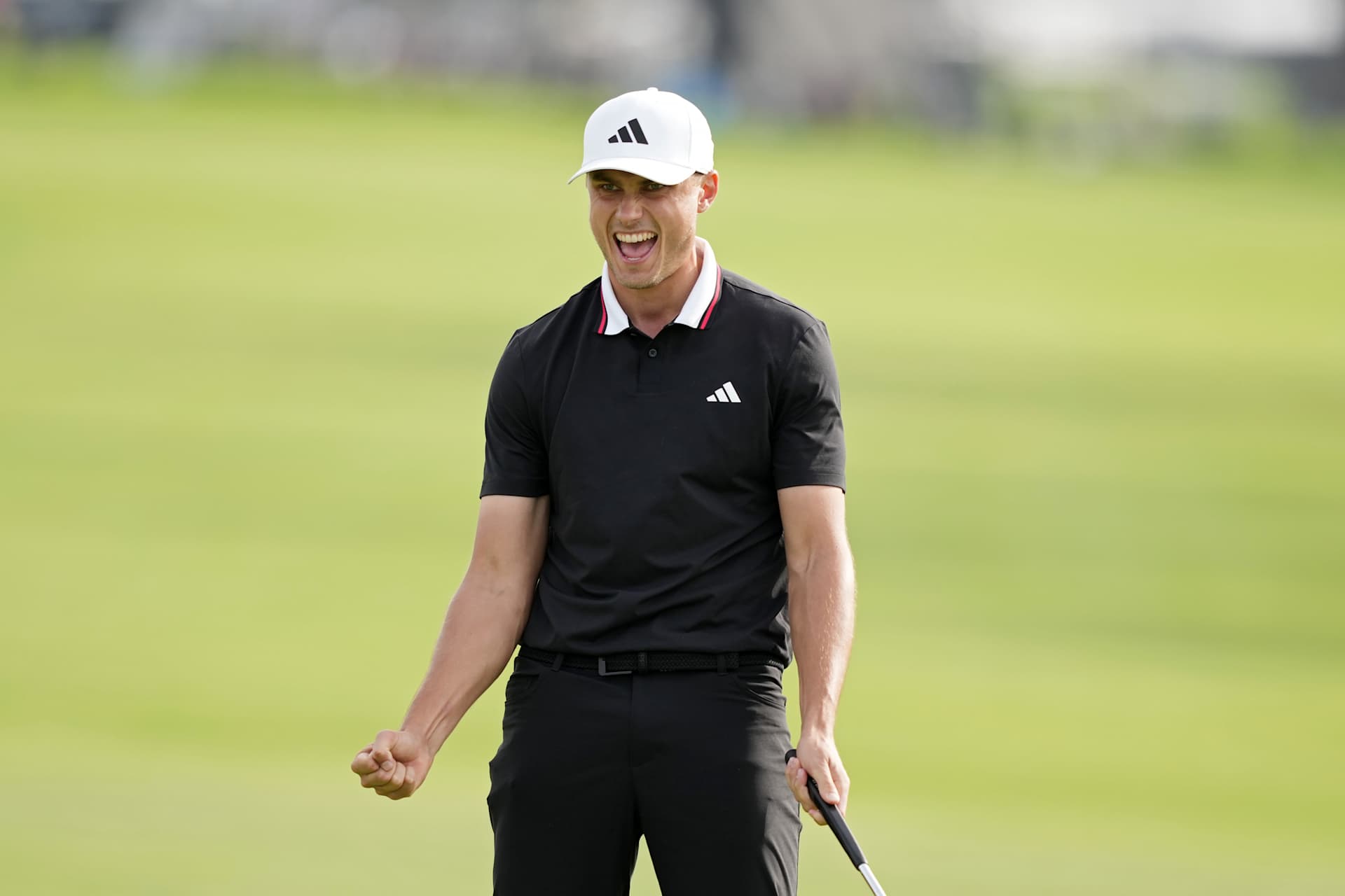 LA JOLLA, CALIFORNIA - FEBRUARY 16: Ludvig Ã
berg of Sweden reacts after making birdie on the 18th green during the final round of The Genesis Invitational 2025 at Torrey Pines Golf Course on February 16, 2025 in La Jolla, California. (Photo by Michael Owens/Getty Images)
