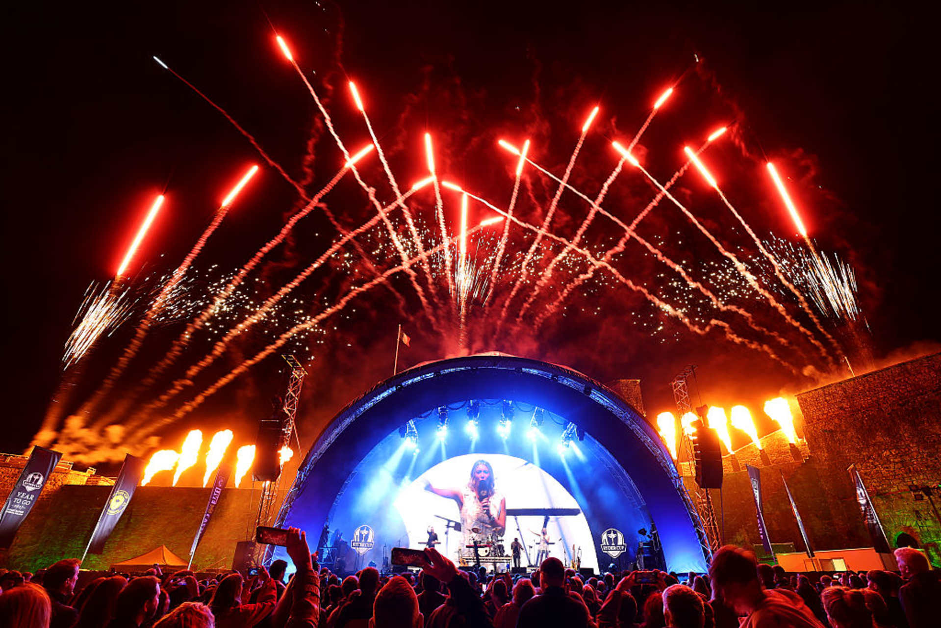 LIMERICK, IRELAND - OCTOBER 04: A general view as a Fireworks Display takes place during the Ryder Cup 2027 Year to Go Concert at King John's Castle on October 04, 2026 in Limerick, Ireland. (Photo by Richard Heathcote/Getty Images)
