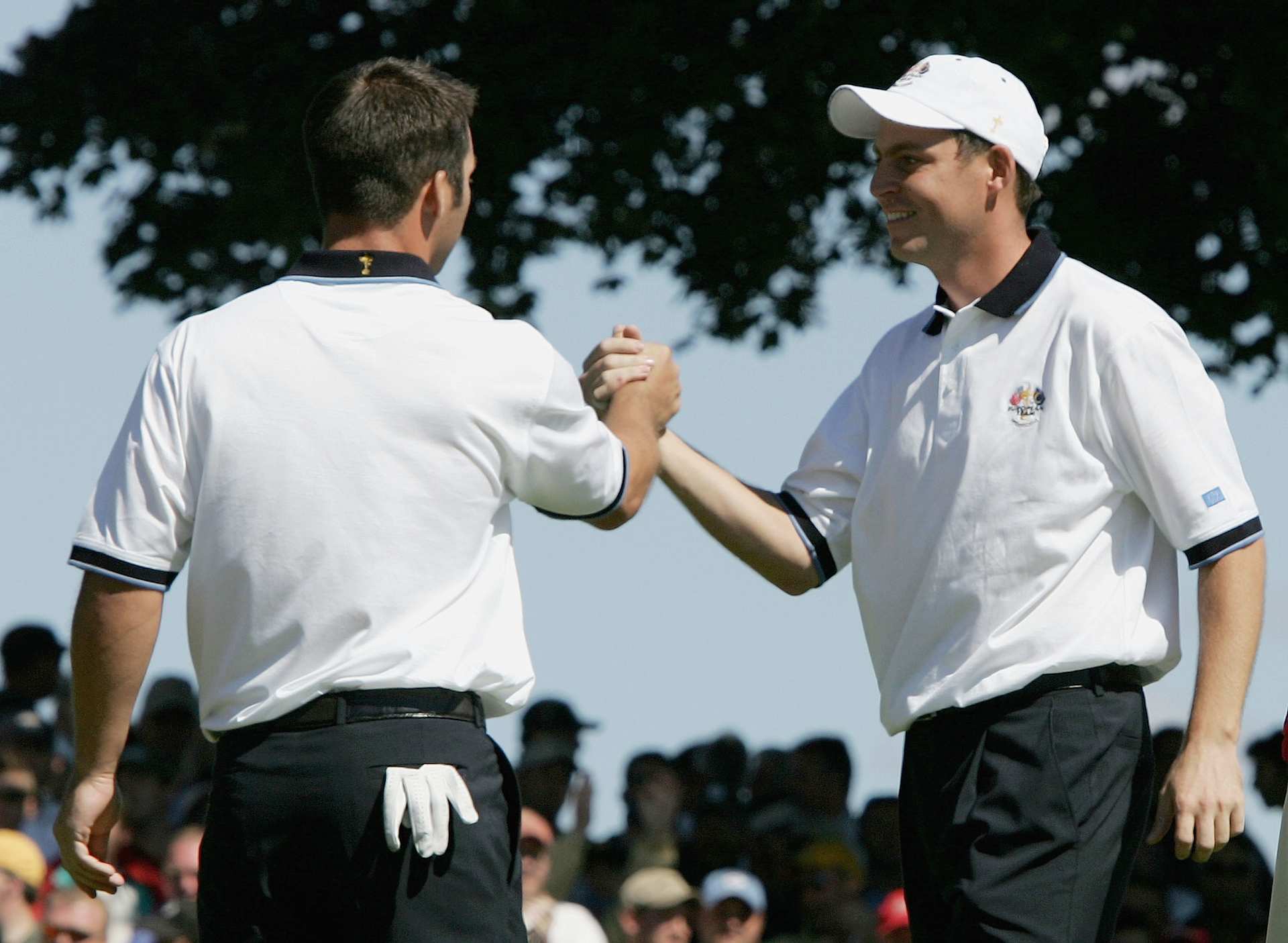 BLOOMFIELD TOWNSHIP, MI - SEPTEMBER 18:  Euroepan Team players Paul Casey and David Howell celebrate after their victory over Jim Furyk and Chad Campbell of the USA during the morning four-ball matches at the 35th Ryder Cup Matches at the Oakland Hills Country Club on September, 18 2004 in Bloomfield Township, Michigan. (Photo by Andrew Redington/Getty Images)