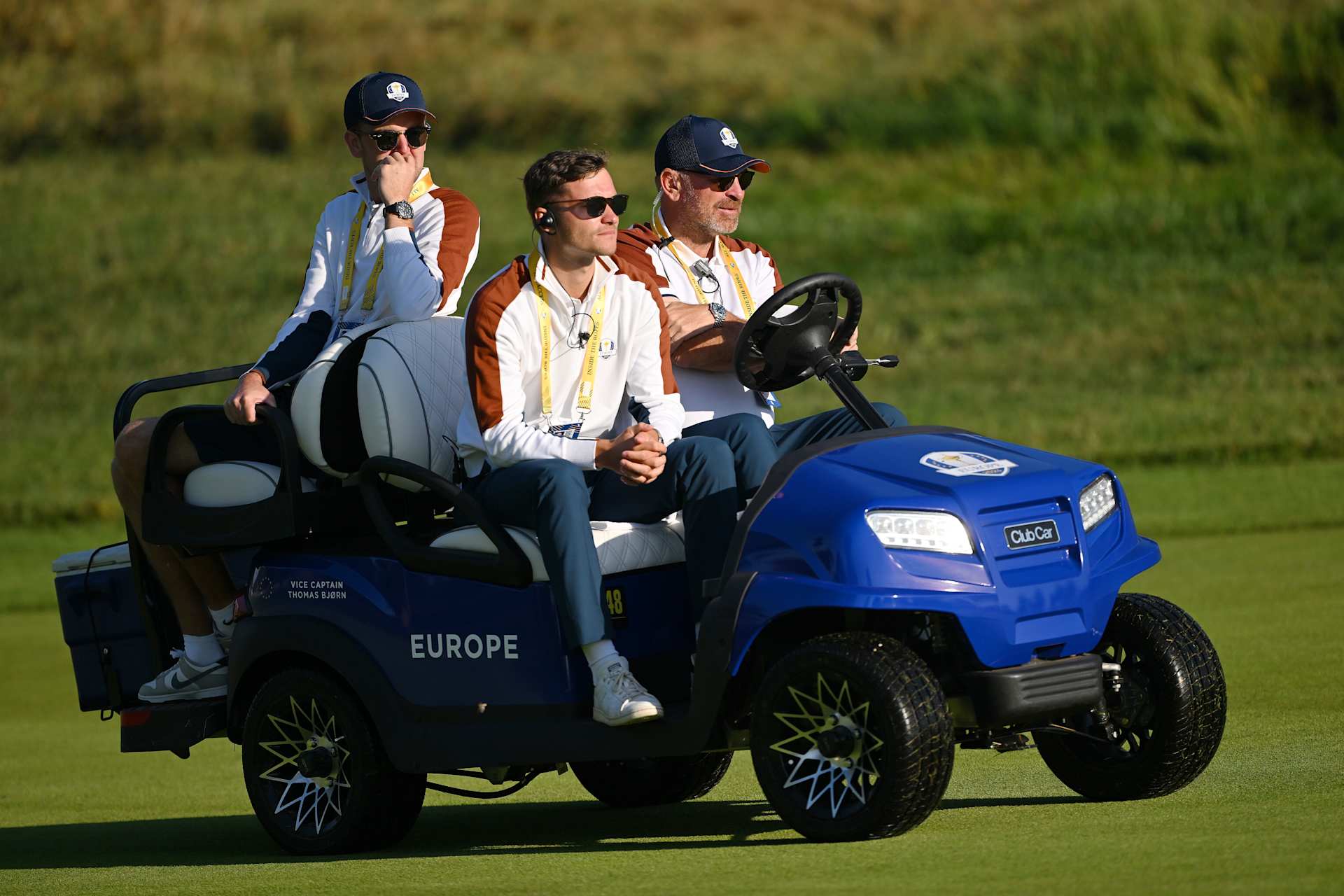 ROME, ITALY - SEPTEMBER 30: Thomas Bjorn, Vice Captain of Team Europe and Rasmus Hojgaard look on from a Club Car buggy during the Saturday morning foursomes matches of the 2023 Ryder Cup at Marco Simone Golf Club on September 30, 2023 in Rome, Italy. (Photo by Ross Kinnaird/Getty Images)