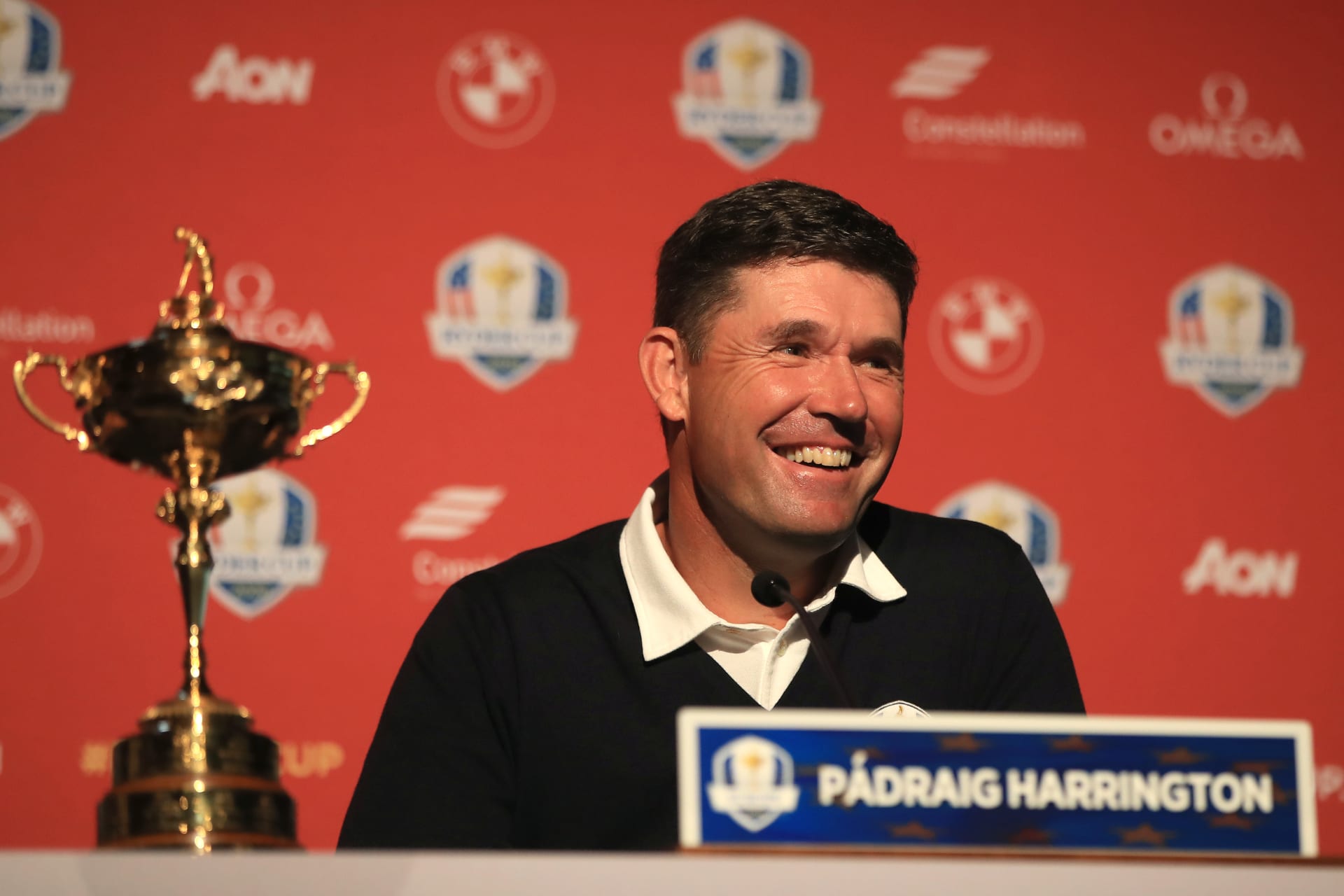 KOHLER, WISCONSIN - OCTOBER 01: European Captain Padraig Harrington speaks during a press conference at the Ryder Cup 2020 Year to Go media event at Whistling Straits Golf Course on October 1, 2019 in Kohler, United States. (Photo by Andrew Redington/Getty Images,)