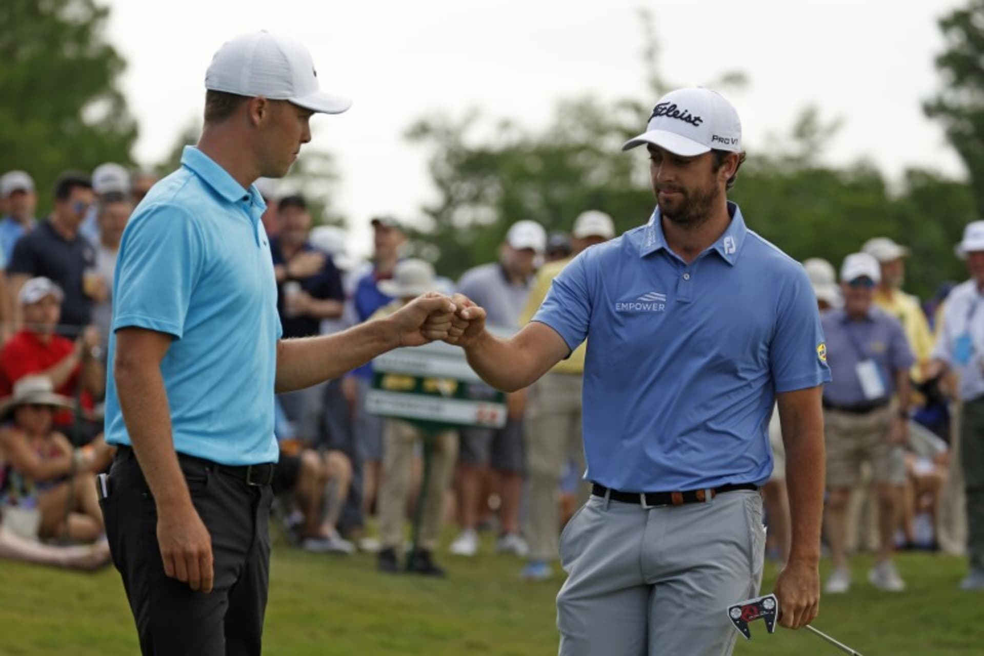 AVONDALE, LOUISIANA - APRIL 23: Nick Hardy of the United States and Davis Riley of the United States react to a birdie putt on the 17th green during the final round of the Zurich Classic of New Orleans at TPC Louisiana on April 23, 2023 in Avondale, Louisiana. (Photo by Chris Graythen/Getty Images)Photo Credit: Getty Images