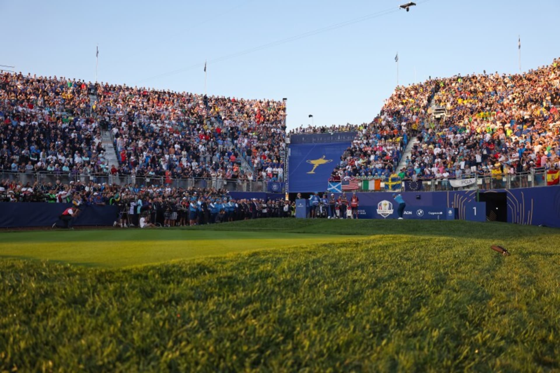 ROME, ITALY - SEPTEMBER 29: Jon Rahm of Team Europe hits his tee shot on the first hole during the Ryder Cup at Marco Simone Golf & Country Club on Friday, September 29, 2023 in Rome, Italy. (Photo by Scott Taetsch/PGA of America)Photo Credit: PGA