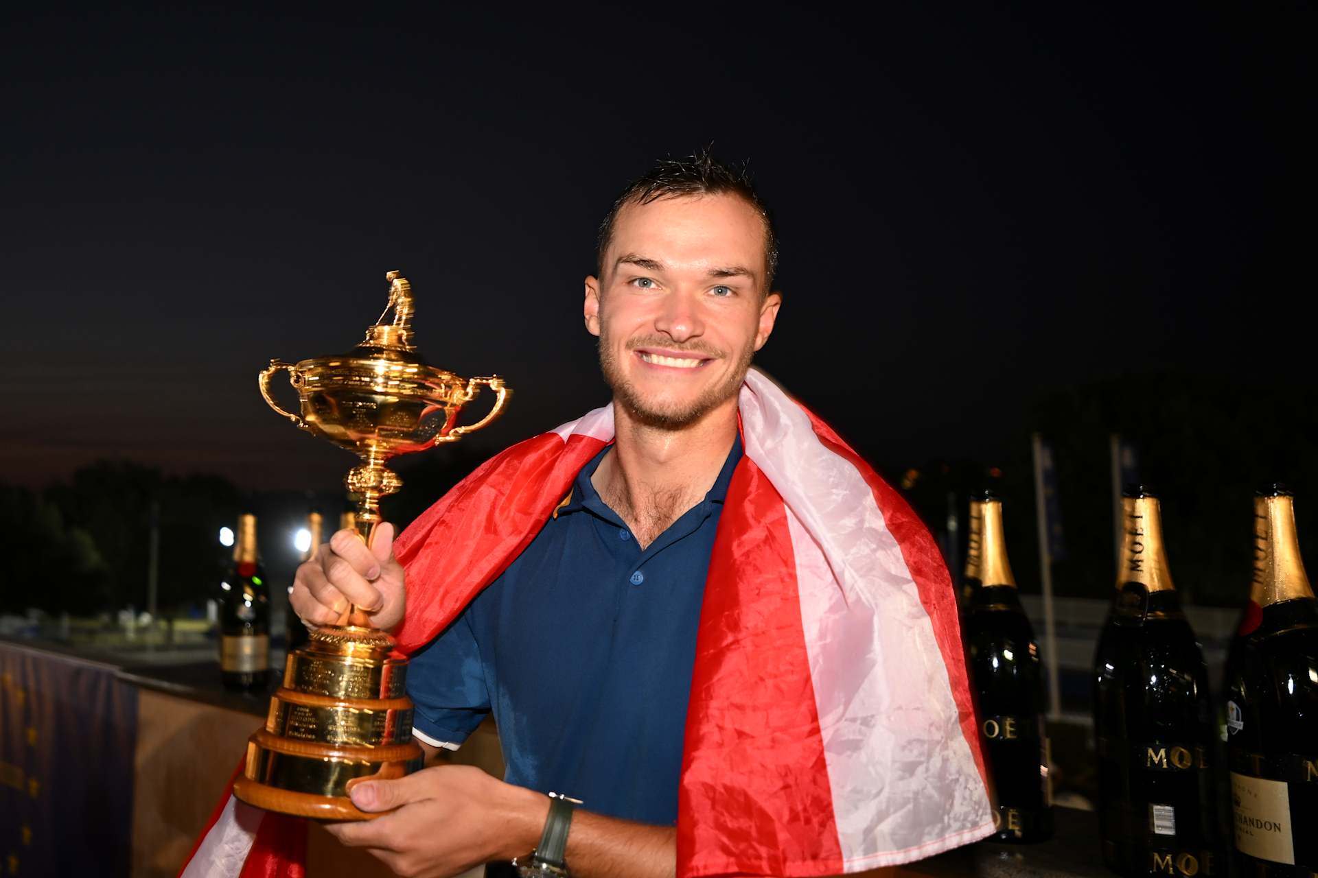 ROME, ITALY - OCTOBER 01: Nicolai Hojgaard of Team Europe poses for a photograph with the Ryder Cup trophy following the Sunday singles matches of the 2023 Ryder Cup at Marco Simone Golf Club on October 01, 2023 in Rome, Italy. (Photo by Ross Kinnaird/Getty Images)