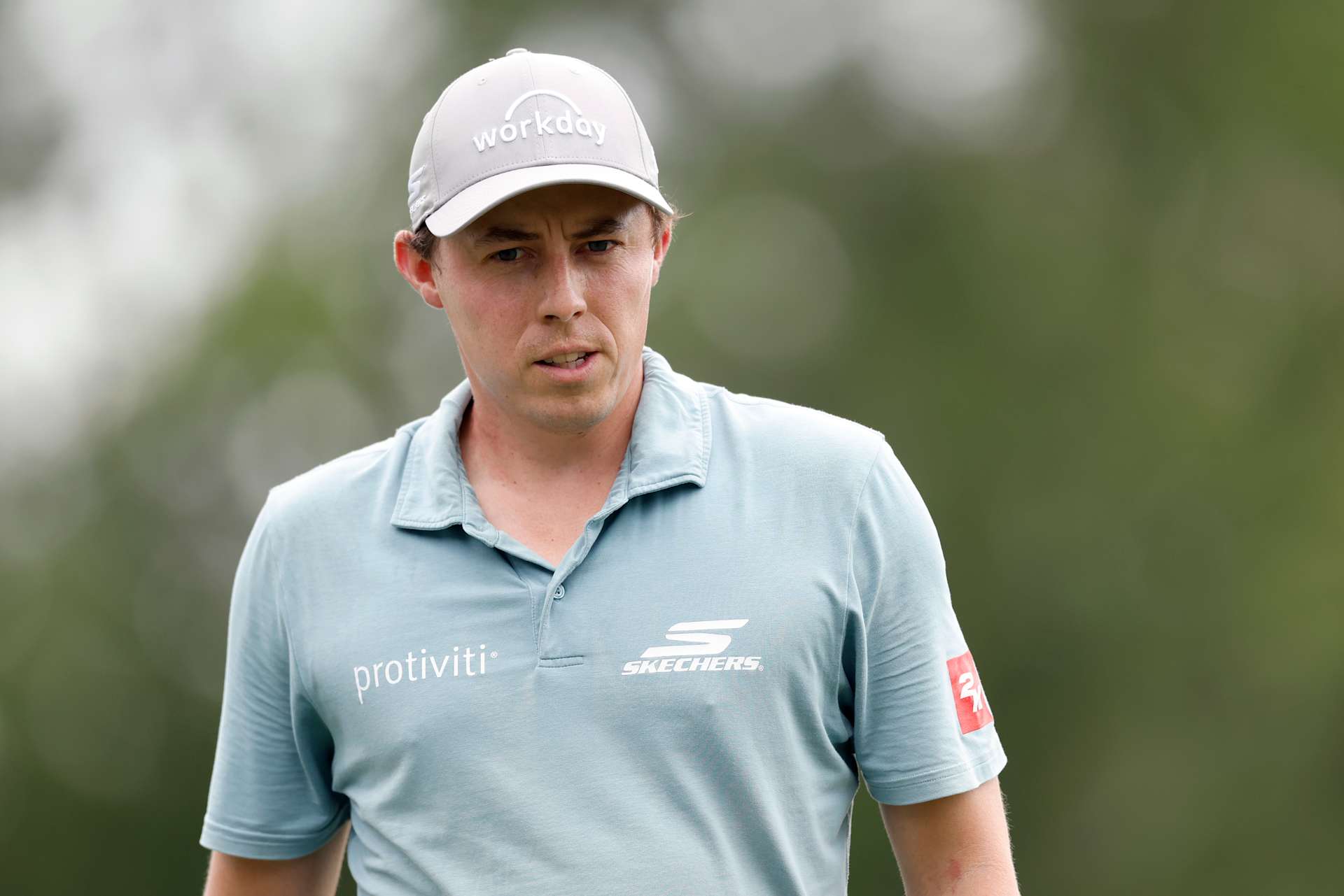GREENSBORO, NORTH CAROLINA - AUGUST 01: Matthew Fitzpatrick of England looks on from the ninth green during the second round of the Wyndham Championship 2025 at Sedgefield Country Club on August 01, 2025 in Greensboro, North Carolina. (Photo by Johnnie Izquierdo/Getty Images)