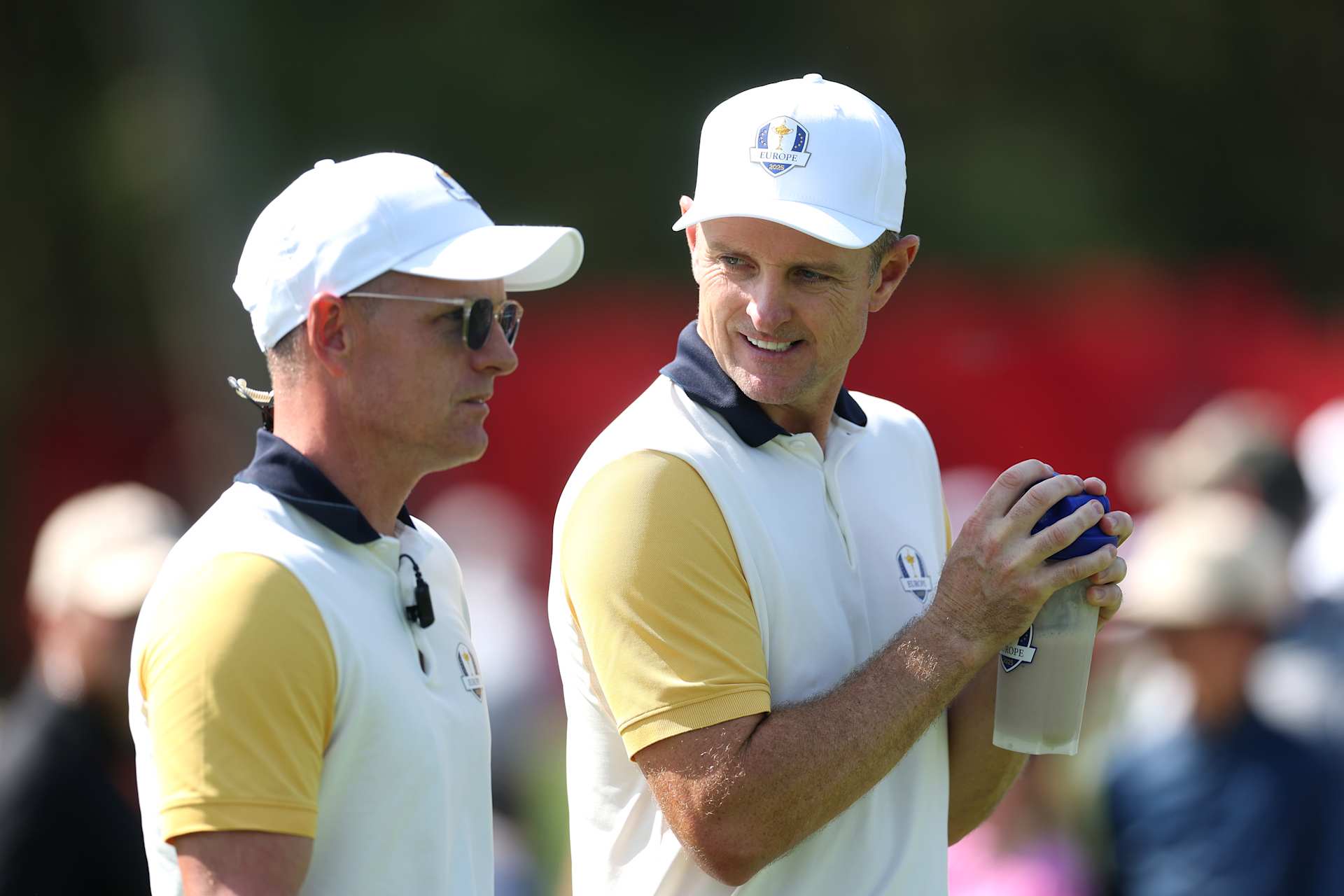 FARMINGDALE, NEW YORK - SEPTEMBER 23: Captain Luke Donald of Team Europe talks with Justin Rose of Team Europe prior to the Ryder Cup 2025 at Black Course at Bethpage State Park Golf Course on September 23, 2025 in Farmingdale, New York. (Photo by Carl Recine/Getty Images)