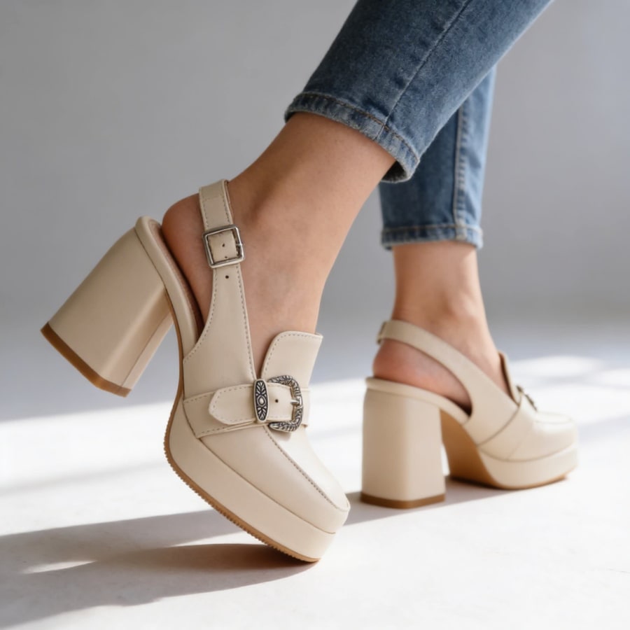 Perle Platform Block Slingback Heels with Buckle in Beige
