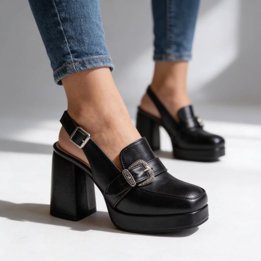 Perle Platform Block Slingback Heels with Buckle in Black