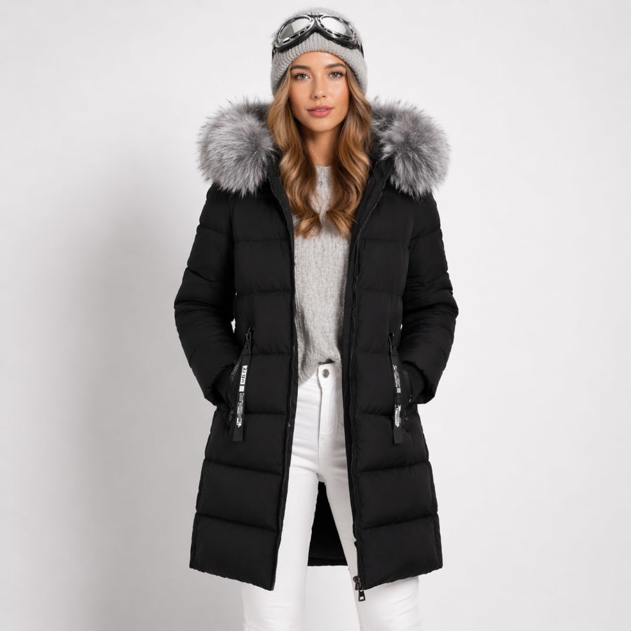 Greta Faux Fur Hood Longline Puffer Coat in Black