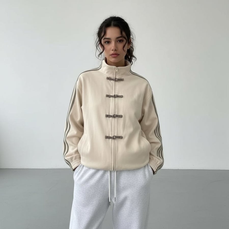 Gilda Retro Frog Button Track Jacket in Creme