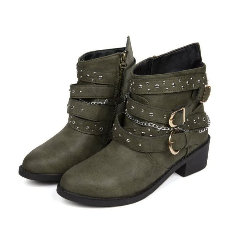 Elowen Studded Buckle Strap Ankle Boots in Grün