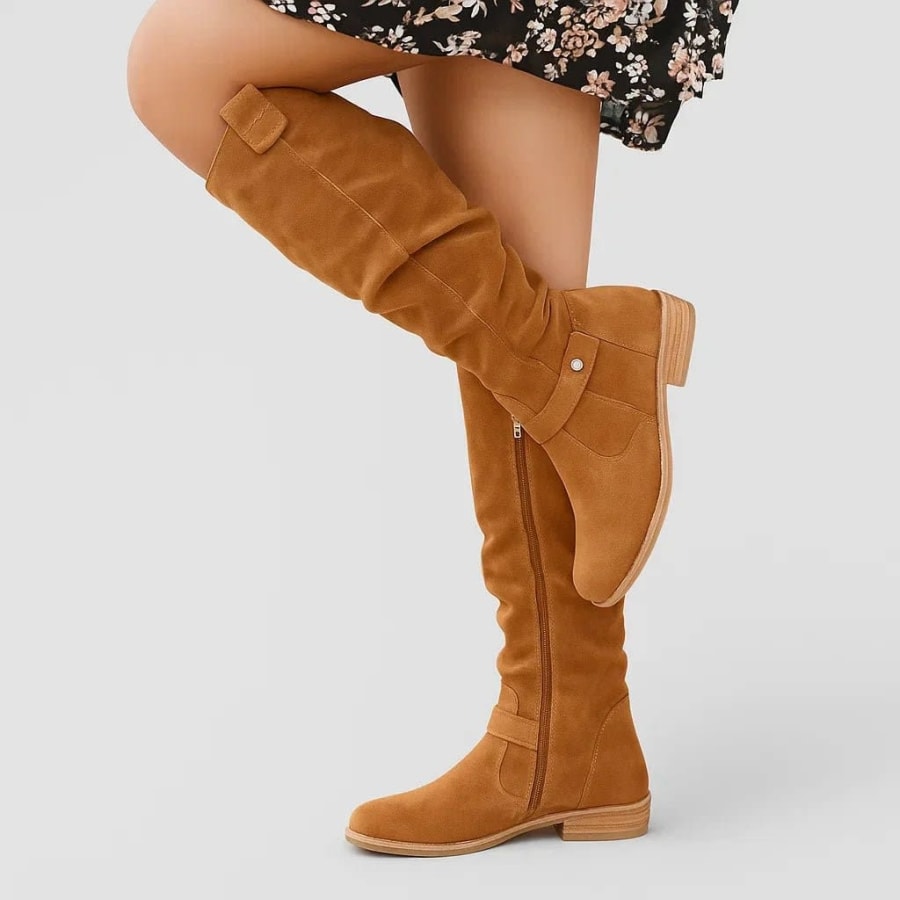 Helena Slouch Suede Knee High Boots in Light Brown