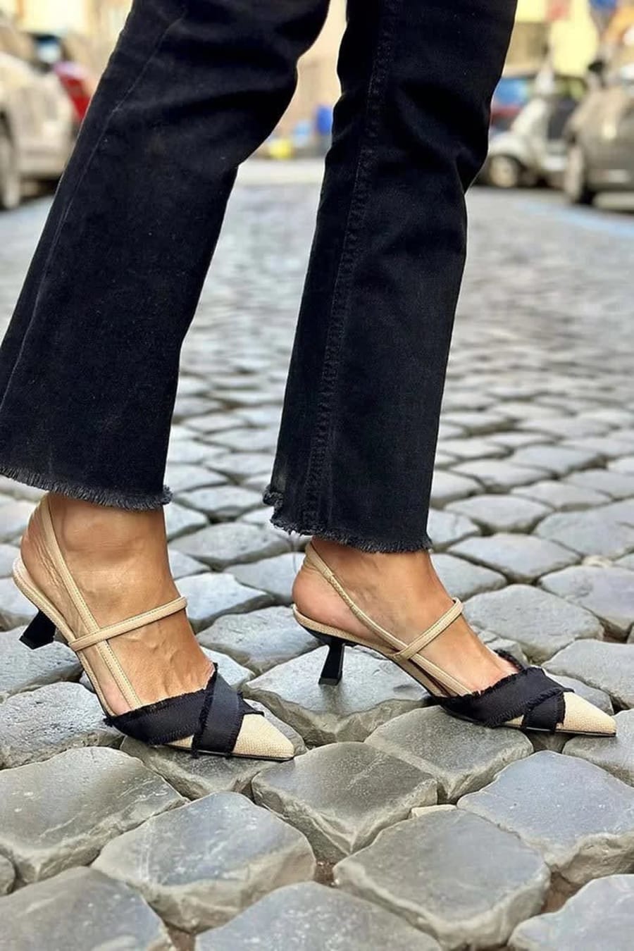 Rhoswen Cap Toe Slingback Kitten Heels in Beige