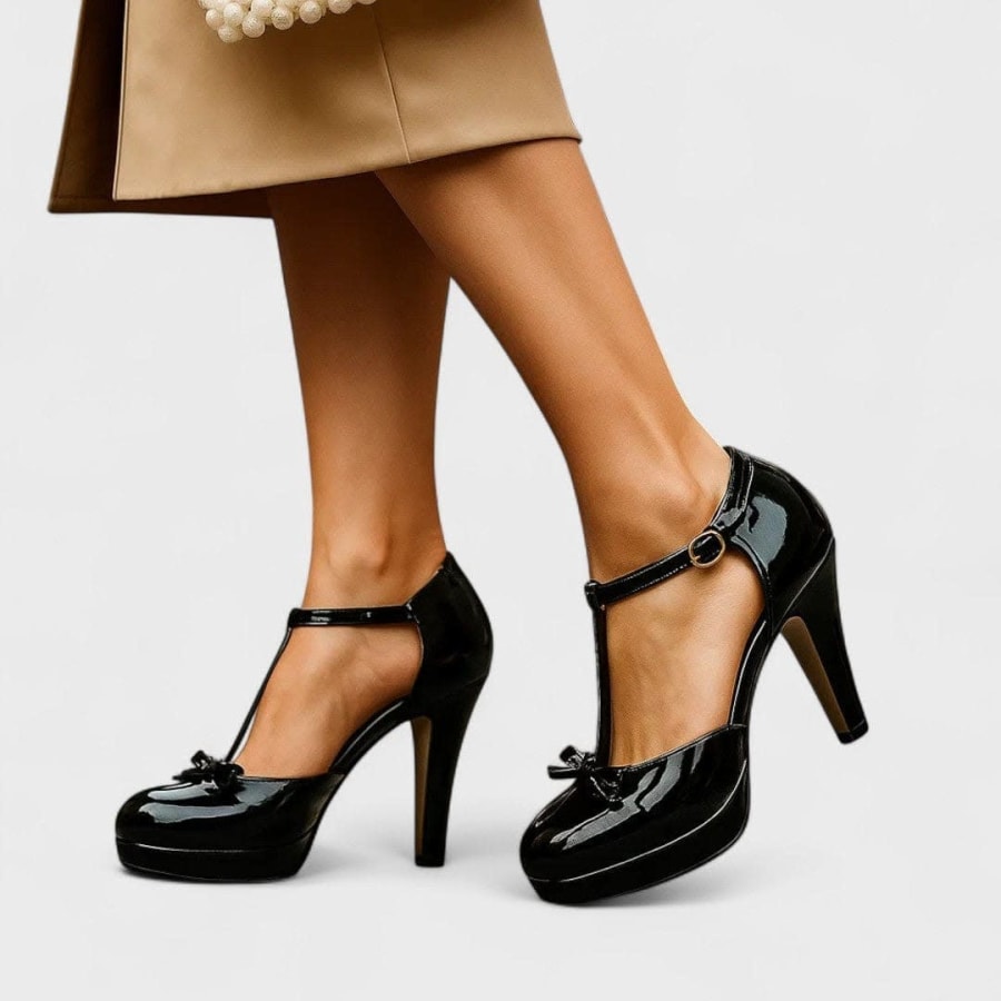 Merle Platform T-Bar Heeled Shoes with Bow in Black
