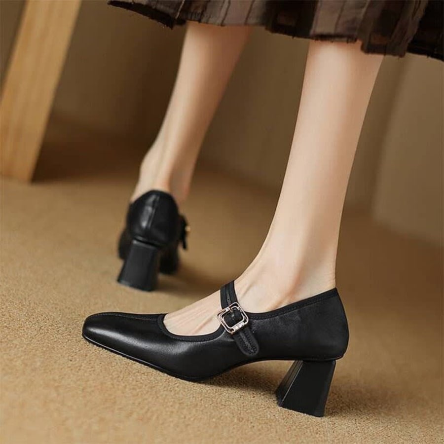 Ilana Square Toe Mary Jane Block Heels in Black