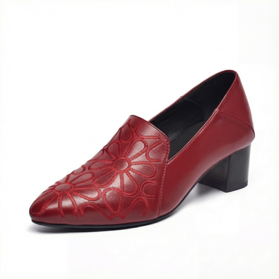 Wynne Floral Embroidered Loafer Block Heels in Red