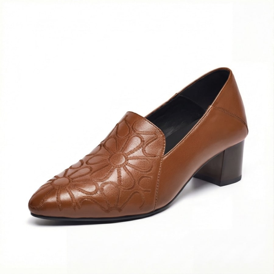 Wynne Floral Embroidered Loafer Block Heels in Brown