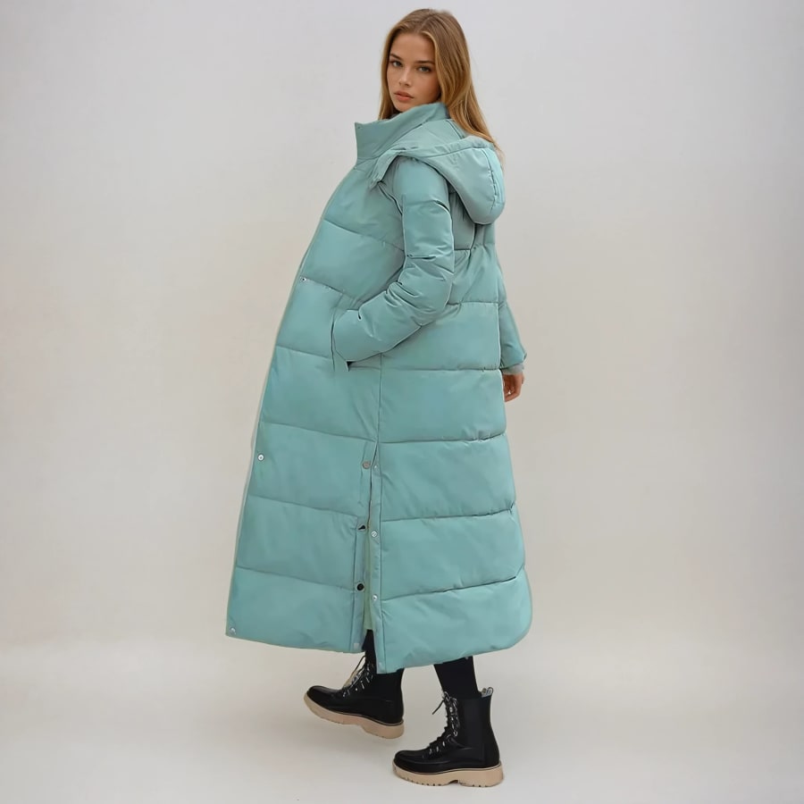 Rosalind Hooded Longline Puffer Coat in Turquoise