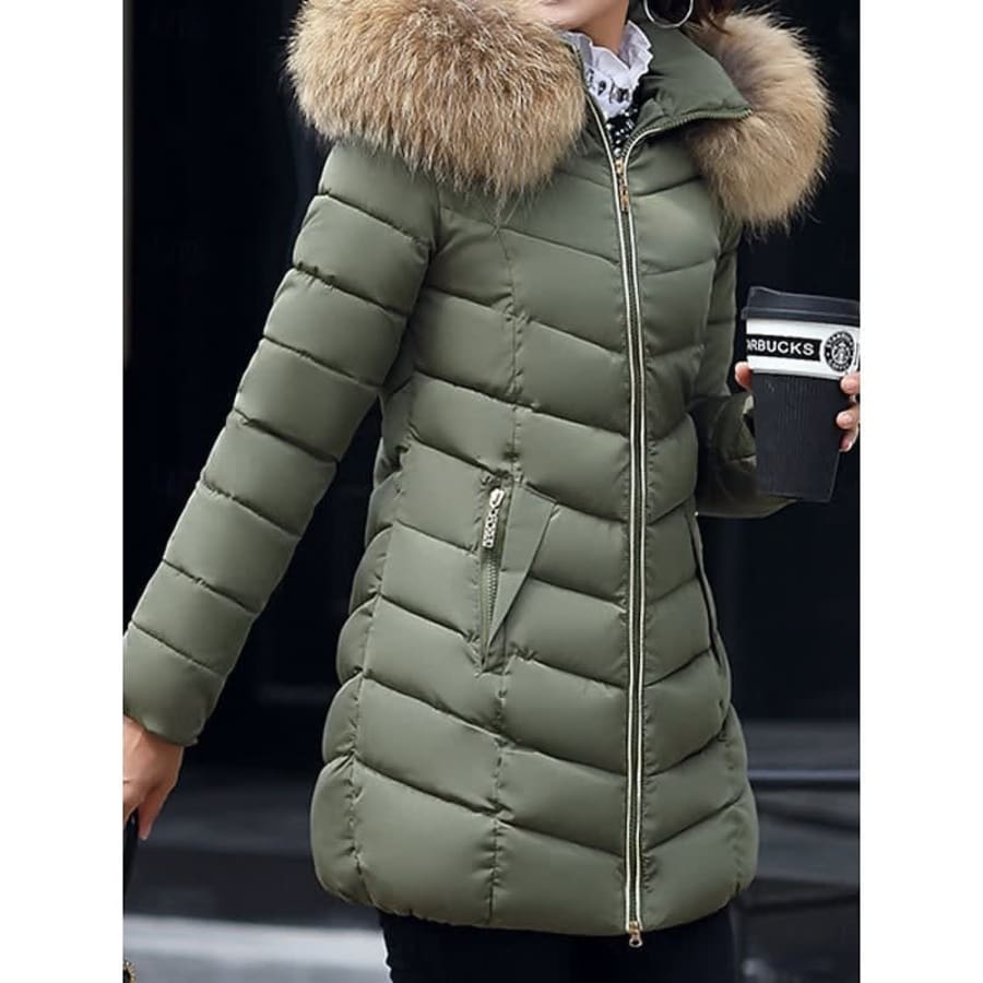 Gemma Faux Fur Hood Quilted Puffer Coat in Army Green