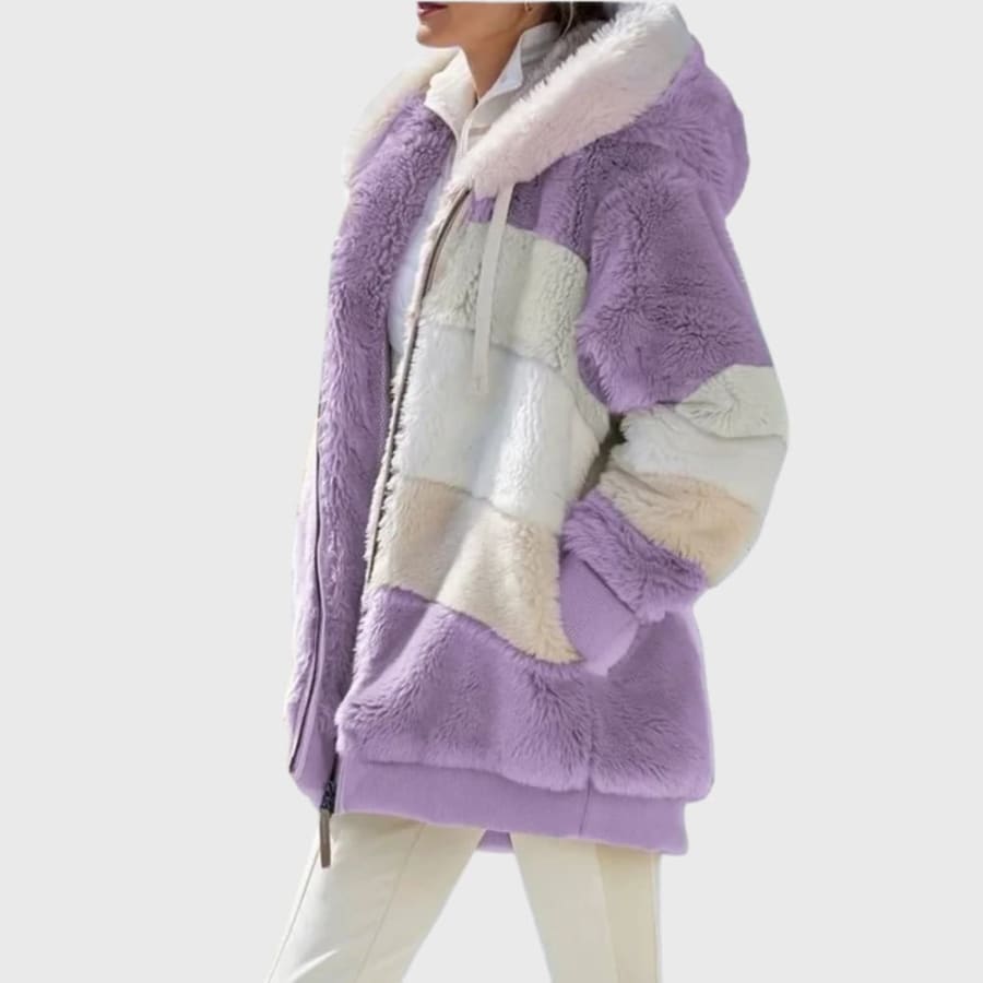 Annabel Color Block Hooded Teddy Jacket in Purple Stripes