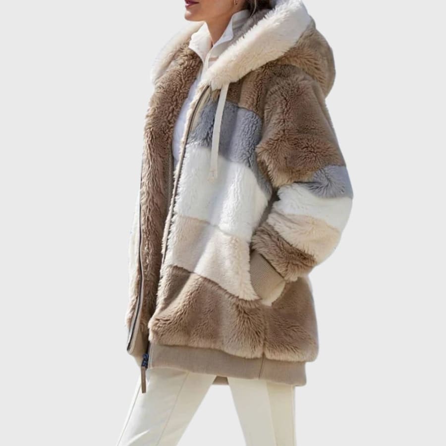 Annabel Color Block Hooded Teddy Jacket in Brown Stripes