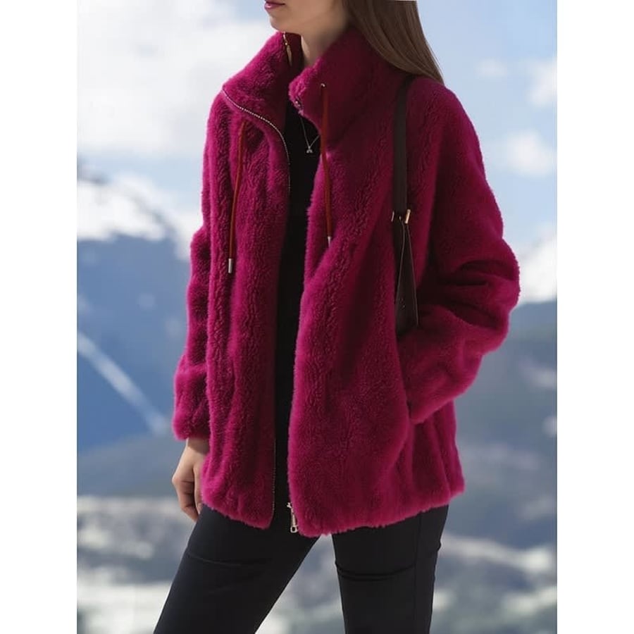 Camryn Stand Collar Teddy Fleece Zip Jacket in Red