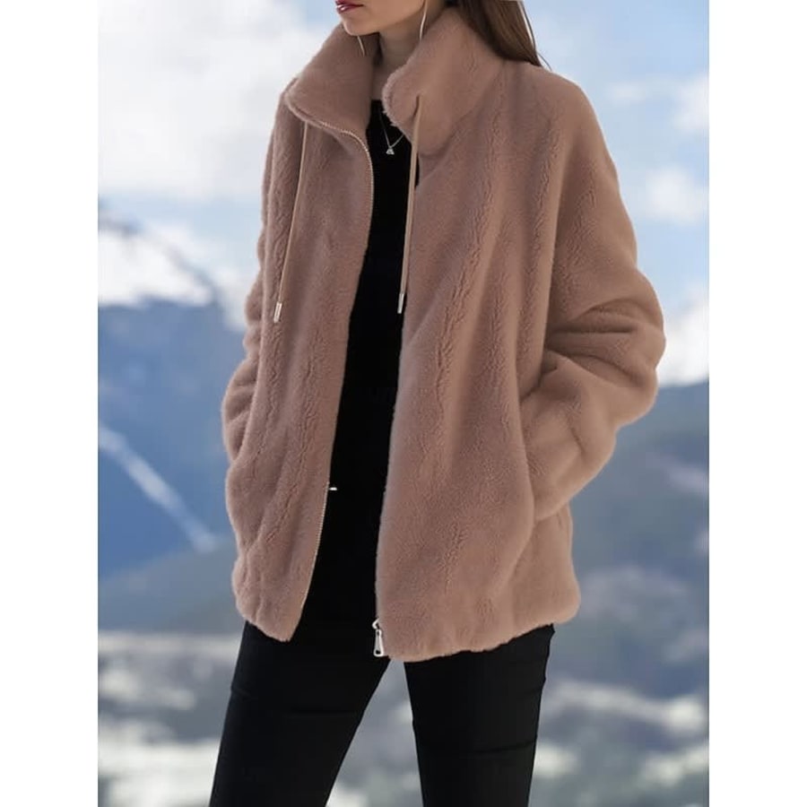 Camryn Stand Collar Teddy Fleece Zip Jacket in Khaki